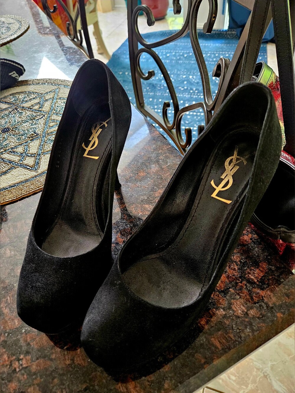 Yves Saint Laurent Black Suede Platform Pumps with Gold Logo